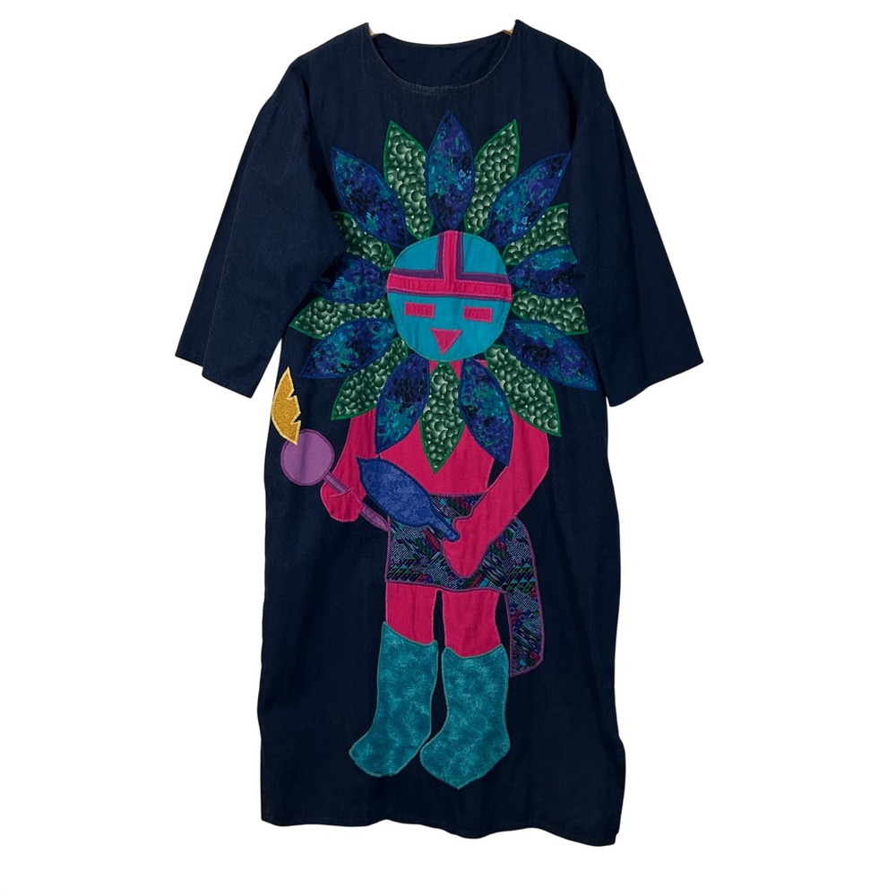 VTG‎ Alfredo's Wife Indigo Denim Applique Sun Deity Kachina Dress Pockets Blue